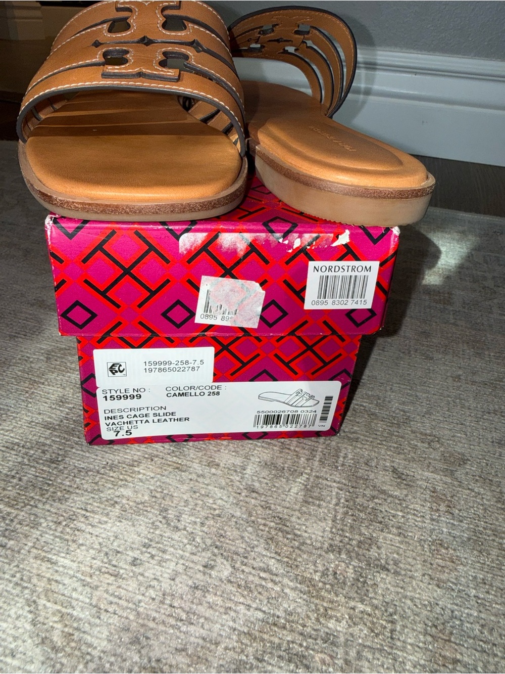Tory Burch Ines Cognac Leather Triple-Strap Slide Mules - Picture 16 of 16